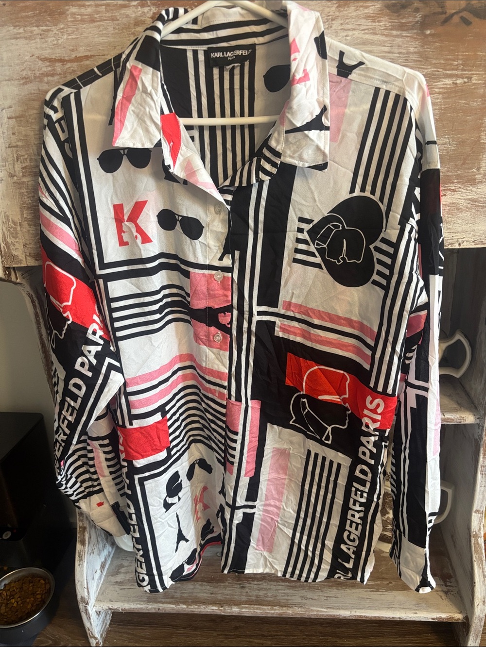 Karl Lagerfeld Black, White & Red Graphic Button-Up Shirt